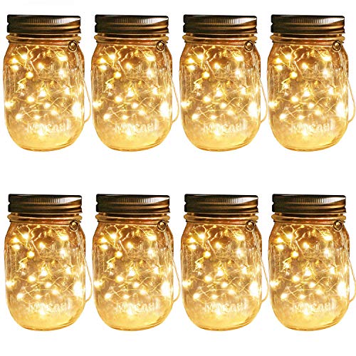 Solar Mason Jar Hanging Lights 8 Pack 30 LEDs(Jar  Hangers Included) String Fairy Lights Glass Solar Laterns Table LightsGreat Outdoor Lamp Décor for Patio Garden Yard Deck Floor and Lawn