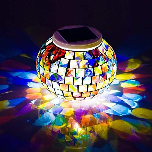 TOMBABY Color Changing Solar Powered Glass Mosaic Ball Led Garden Lights Rechargeable Solar Table Lights Outdoor Waterproof Solar Night Lights Table Lamps for Decorations
