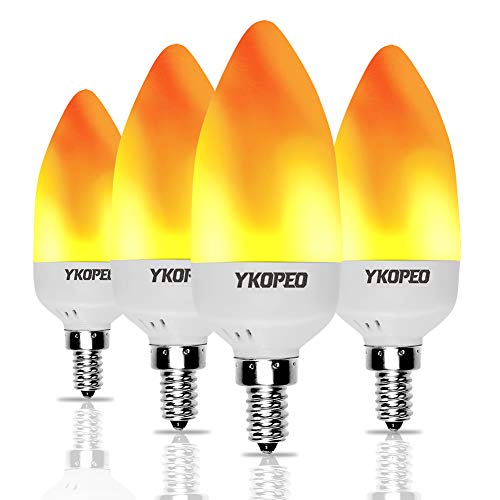 YKOPEO Flame Light Bulb E12 LED Flickering Flameless Candles Warm White Simulated Fire Effect Tip Candelabra Bulbs with 2Models 3Watt LEDs Decorative Lights for Holiday Party Home Decoration4Pack