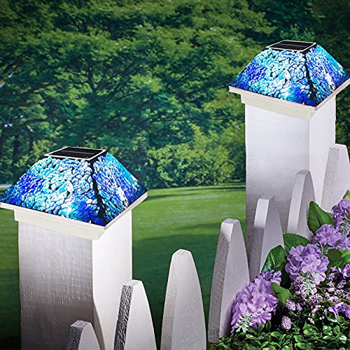 2PK Mosaic Solar Post Cap Lights Outdoor for 4x4 35x35 Post Crackled Glass Deck Fence Lamp Weatherproof LED Light Decor in Garden Yard Outdoor Table Balcony Landscape Cyan Blue
