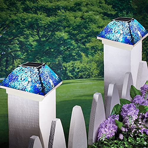 2PK Mosaic Solar Post Cap Lights Outdoor for 4x4 35x35 Post Crackled Glass Deck Fence Lamp Weatherproof LED Light Decor in Garden Yard Outdoor Table Balcony Landscape Cyan Blue