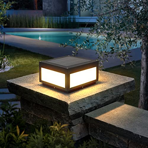 Outdoor Modern Post Light MVBT LED Fence Deck Cap Light Lantern Column Lamp for Flat Surface Patio Garden Decoration with IP54 Waterproof E26 Bulb (Solar Powered)