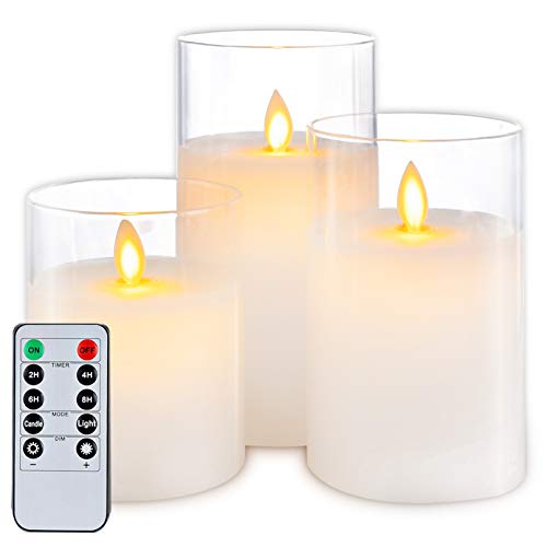 5plots Pure White Flickering Flameless Candles Battery Operated Glass LED Pillar Candles with Remote Control and Timer Moving Flame Wax Set of 3