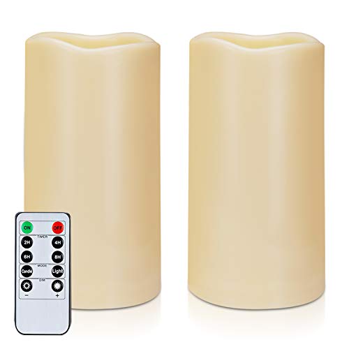 Amagic 3 x 6 Waterproof Flameless Candles for Outdoor  Battery Operated LED Pillar Candles with Remote Control and Timers Ivory Plastic Wont Melt Set of 2