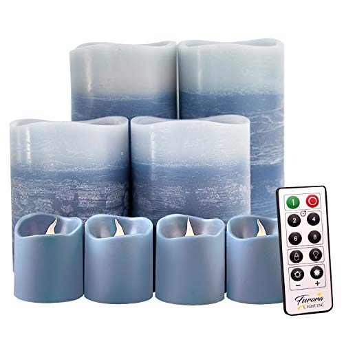 Blue Decorative Flameless Candles Remote Controlled Set of 8 Furora LIGHTING LED Pillar Candles and Votive Candles Battery Operated Marble Decor Electric Candle Gift Set Blue Candles Accessories