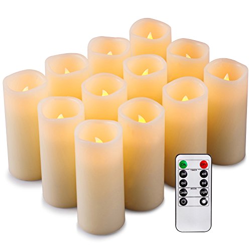 Enpornk Set of 12 Flameless Candles Battery Operated LED Pillar Real Wax Electric Unscented Candles with Remote Control Cycling 24 Hours Timer Ivory Color (No Moving Wick)