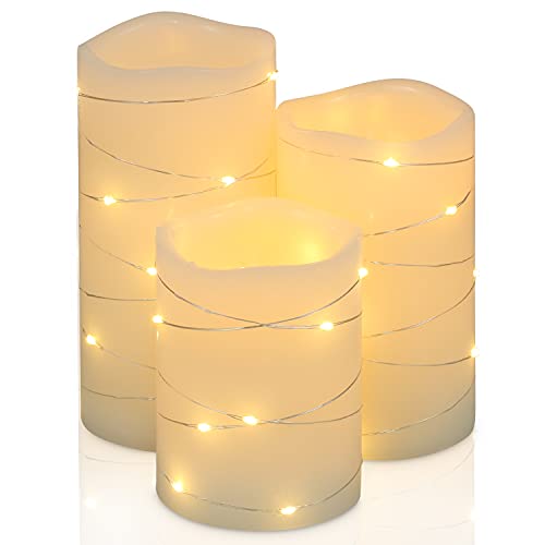 Flickering Flameless Candles Ivory Real Wax Pillar with Embedded String Lights HBLOSSOM LED Candles Battery Operated with Cycling 5H Timer Set of 3 (3 x 456) (Ivory)