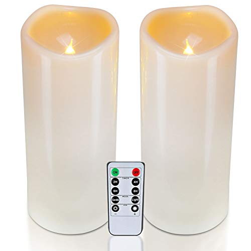 Homemory 4 x 10 Waterproof Outdoor Flameless Candles Battery Operated Flickering LED Pillar Candles with Remote and Timers for Indoor Outdoor Lanterns Long Lasting Large Set of 2