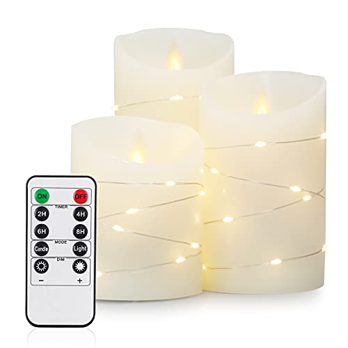 Led Flameless Candles Battery Operated Flickering Pillar Real Wax Electric Candle Sets with Embedded String Lights Remote Timer for Home Fireplace Xmas Decor 4 in5 in6 in3 Pack