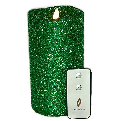 Luminara Vintage Green Glitter 7 Flameless Pillar Candles wRemote