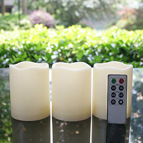 Outdoor Waterproof Battery Operated Flameless LED Pillar Candles with Remote Timer Flickering Electric Plastic Resin Decorative Lights for Xmas Christmas Wedding Party Decorations Gifts Supplies 3 PCS