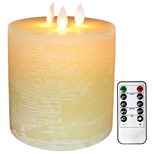 TELOSMA 3Moving Wick Large Flameless Pillar Candles with Remote Control and Dimmer Flickering Function Battery Operated Flat Top in Ivory