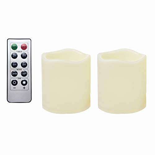 2 Waterproof Outdoor Battery Operated Flameless LED Pillar Candles with Remote Flickering Plastic Electric Decorative Light Set for Home Décor Garden Patio Decoration Party Wedding Supplies 3x3 Inches