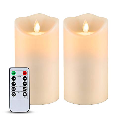 5plots 6 x 325 Waterproof Outdoor Flameless Candles LED Pillar Candles Moving Flame Candles with Timers and Remote Battery Operated Plastic Candles Set of 2
