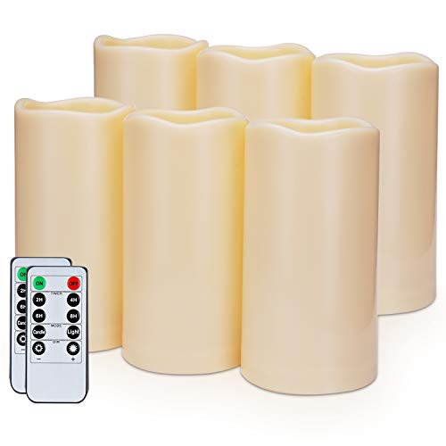 Amagic 3 x 6 Outdoor Waterproof Flameless Candles  Battery Operated LED Pillar Candles with Remote Control and Timers Ivory Plastic Set of 6