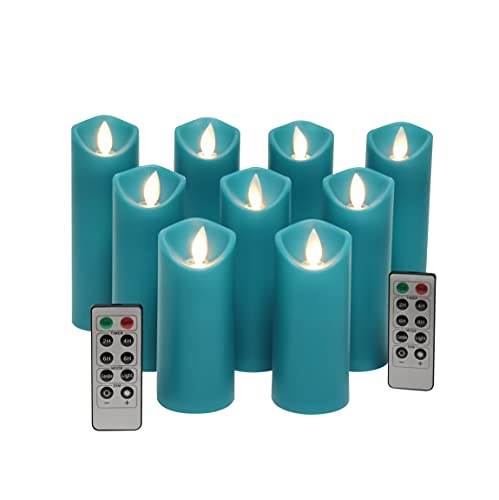 Aqua earth Beautifully Decorated BatteryPowered Outdoor Teal flameless Candles Teal Candles HeatResistant Candle with Lifelike Moving Wick LED Flame 9Piece Set (Plastic) (Green)
