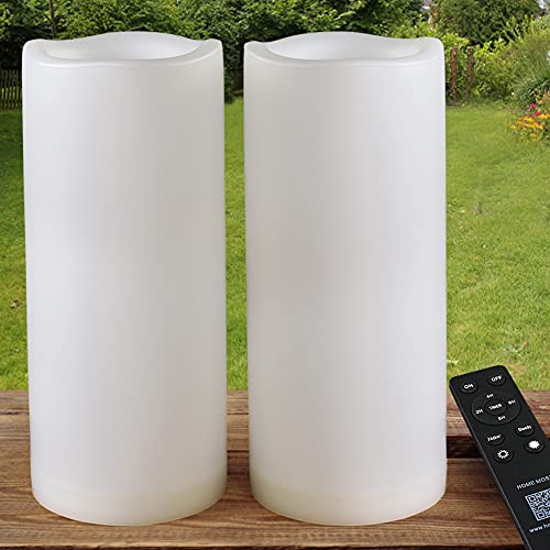 HOME MOST Pack of 2 LARGE White LED Candles Outdoor 4x10  Unscented IP65 Waterproof Battery Powered Flameless LED Pillar Candles with Remote and Timer  Battery Operated Flameless Candles Flickering