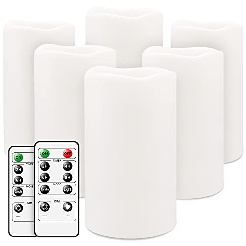 Flameless CandlesSalipt LED Flickering Candles Set of 6 (H 6 xD 3) Battery Operated CandlesWaterproof Flameless Candles Resin Plastic Indoor Outdoor UseWhite