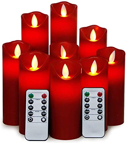 Kitch Aroma Red flameless Candles Red Candles Battery Operated LED Pillar Candles with Moving Flame Wick with Remote TimerPack of 9