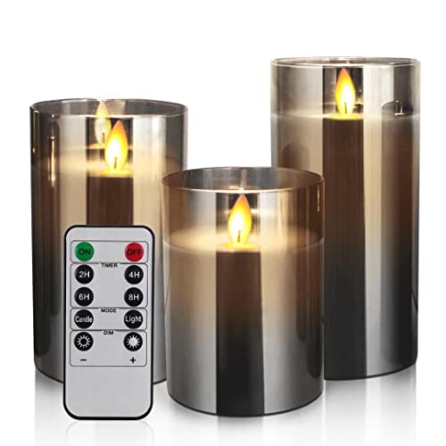 Led Flameless Candles Battery Operated Flickering Candles Pillar Real Wax Moving Flame Electric Candle Sets Gold Glass Effect with Remote Timer 4 in 5 in 6 in Pack of 3 Gray