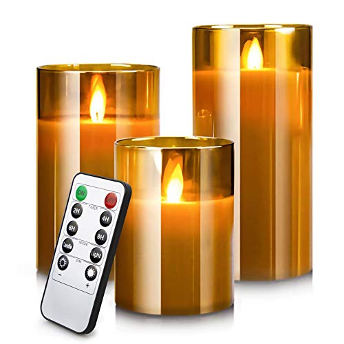 YFYTRE Led Flameless Candles Battery Operated Real Pillar Wax Flickering Moving Wick Effect Glod Glass Candle Set with Remote Control Cycling Timer 4 inch 5 inch 6 inch Pack of 3