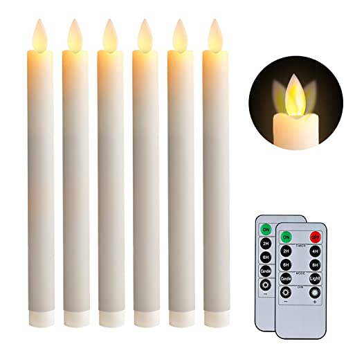5PLOTS 6pcs White Wax Flicking Flameless Taper Candles with Remote and Timer Moving Wick Battery Operated Taper Candles Led Decorative Candles Gifts for HomeChristmasWedding Decor