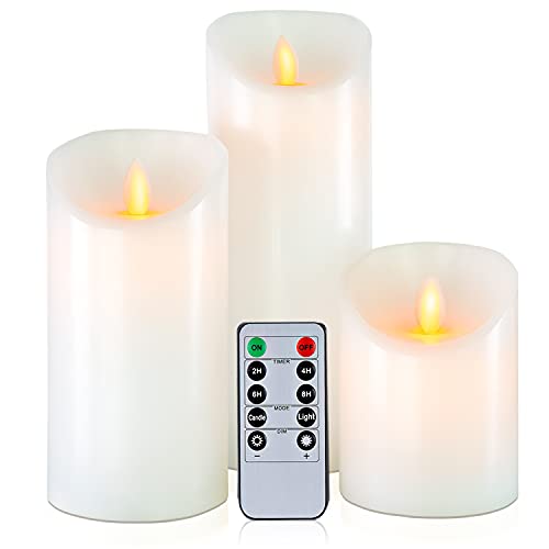 5plots 468 Pure White Wax Flameless Candles Flickering LED Candles  Battery Operated with Remote and Timer  Moving Wick Dancing Flame  Set of 3