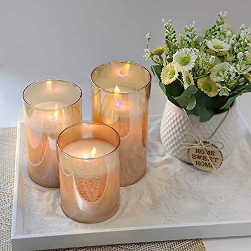 CRYSTAL CLUB Flickering Flameless Candles Battery Operated LED Candles with Remote Moving Flame Pillar Candle with Timer Amber Glass Effect Candle  Gold Decor for Home Decors