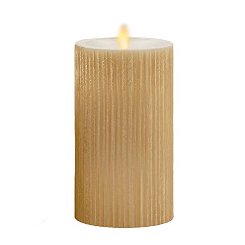 Luminara Flameless LED Candle (325x65) with Embossed Metallic Furrow Moving Flame LED Pillar Real Wax with Recessed Edge Battery Operated  Gold