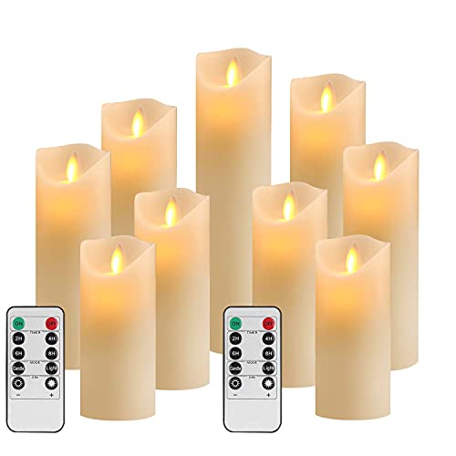 OSHINE Flameless Candles Set of 9 Ivory Dripless Real Wax Pillars Include Realistic Moving Wick LED Flames and 10Key Remote Control with 24Hour Timer Function 300 Hours