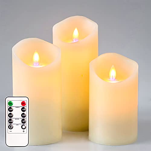 SILVERSTRO Flickering Flameless Candles with Remote D3x H567 Moving Flame LED Candles Real Wax Pillar Candles for Christmas Home Wedding Party Decoration(Ivory)