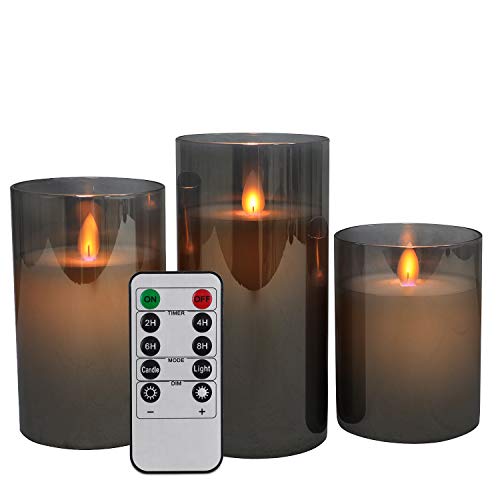 YFYTRE Flickering Led Flameless Candles Indoor Battery Operated Moving Wick Effect Glod Outdoor Glass Candle Set with Remote Timers No Melt for Festival Wedding Home Party Decor