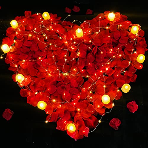 (12 Pack) LED Flameless Electric Candles Tea Lights Bundled with (300 Pcs) Artificial Fake Rose Petals and 20FT LED String Lights for Romantic Special Night Proposal Valentines Wedding by WAKISAKI