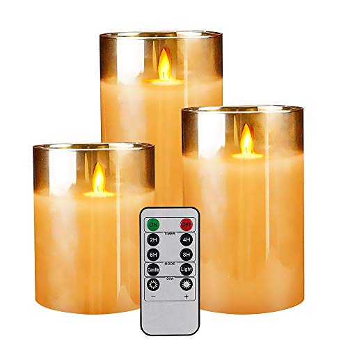 Flameless Candles LED Flickering Fake Candle for Room Decor Home Decorative Battery Operated Remote Control Tan Glass 3 Pack