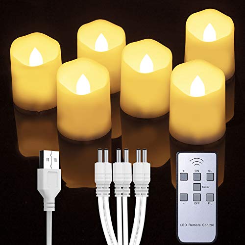 Homemory Rechargeable Flameless Votive Candles with Remote Battery Operated Tea Lights with Timer 6 PCS Electric Fake Candle in Warm White (USB Charging Cable Included)