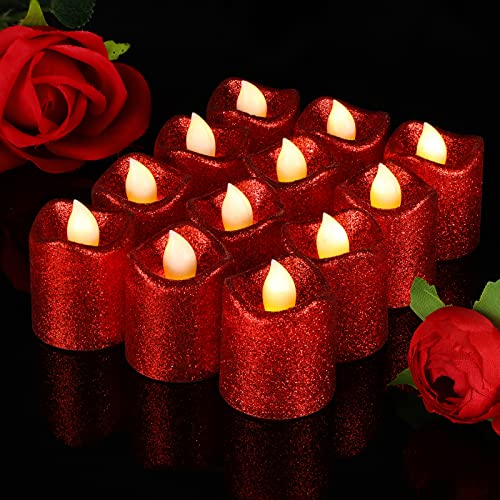 24 Pieces Valentines Day Romantic Flameless Votive Candles Glitter LED Tea Light Candles Battery Operated Candle Fake Candle for Party Decoration Wedding Centerpiece Table Decorations (Red)