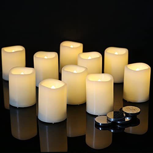 DRomance Flameless Votive Candles with 6 Hour Timer Battery Operated White LED Flickering Small Pillar Tealight Candles Bulk 15D x 2H Set of 10 Warm Light Indoor Wedding Christmas Holiday Decor