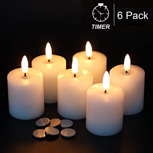 GenSwin Flameless Pillar Candles Flickering with Timer Battery Operated Real Wax LED Votive 3D Wick Candles 6 Pack White(Battery Include 2 x 32 Inch)