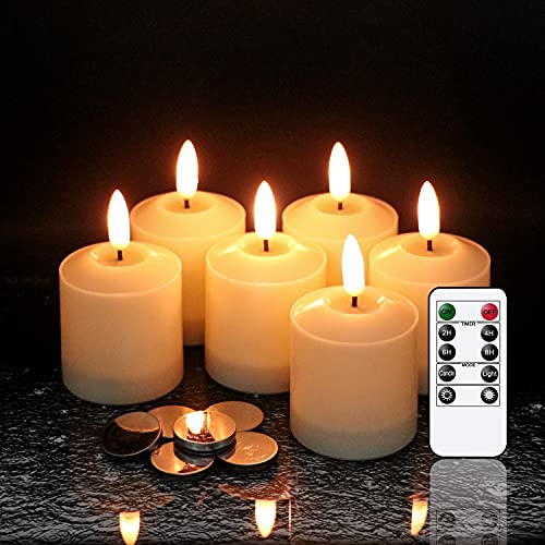 GenSwin Flameless Waterproof LED Candles Flickering with Remote  Timer Battery Operated Votive 3D Wick Pillar Candles for Indoor Outdoor Lanterns White(6 Pack Battery Include 2 x 32 Inch)