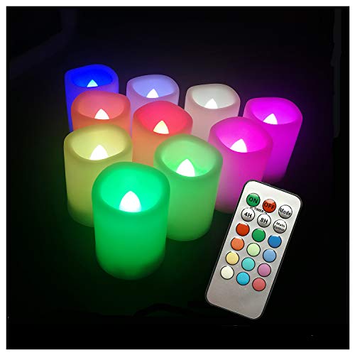 Multi Color Changing Flameless Votive Candles with Remote 10 Pack Colored Battery Operated Flickering Electric LED Tea Lights Bulk for Christmas Party Wedding Decorations Batteries Incl