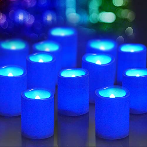QIDEA LED Blue Candles 12 Pack Battery Operated Flameless Votive Candle Bulk Flickering Fake Candle Lights for Christmas Halloween Home Wedding Party Decorations Blue Centerpieces for Tables