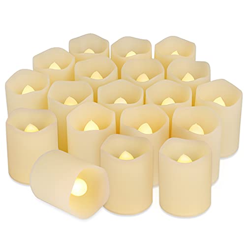 SHYMERY Flameless Votive Tealight CandlesLasts 2X LongerBattery Operated LED Tea Lights with Warm White Flickering LightSmall Electric Fake Tea Candle Realistic for WeddingTableOutdoorPack of 12