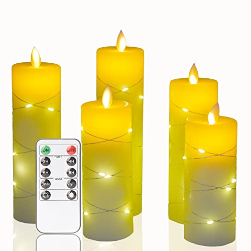 Flameless CandlesBattery Candles with String Lights Battery Powered LED CandlesFlickering Candles with Remote Control and Timer Fanzri 5 Candles Set for Seasonal and Festive Celebrations