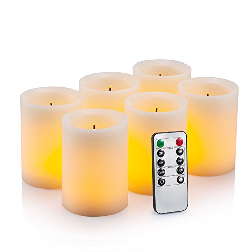 Flameless Flickering LED Candles 3 X 4 with 10Key Remote Control Timer Classic Pillar Optical Fiber Wick Real Wax Battery Operated Candles Ivory Color Set of 6