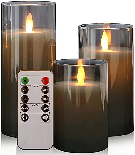 GenSwin Battery Operated LED Flameless Flickering Candles with 10Key Remote Control Moving Wick Pillar Glass Candles Real Wax for Festival Wedding Christmas Home Party Decor(Pack of 3 Gray)