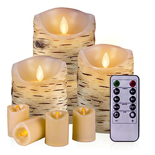 Iplacer Flameless Candles Birch Battery Operated Candles LED Candles Birch Bark Battery Candles Real Wax Faux Candles Flickering With Remote Control and Cycling 24 Hours Timer Set Of 7