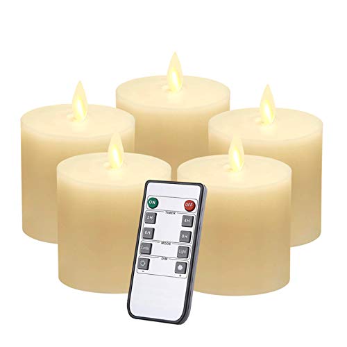 Jiyimi Flameless Battery Candles Ivory Led Real Wax Flickering Pillar Lights Pack of 5 AA Batteries Powered with Remote Control Timers Emergency Light for Home Fireplace Birthday