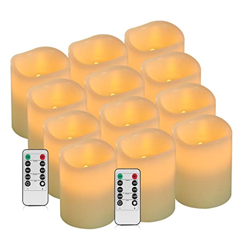 Vickiss Flameless Candles LED Candles Set of 12 (D3 X H4) Battery Operated Candles Flickering Bulb Pillar Ivory Real Wax Electric Candles with Remote and Timer for Home Decoration
