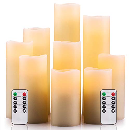Enpornk Flameless Candles Battery Operated Candles 4 5 6 7 8 9 Set of 9 Ivory Real Wax Pillar LED Candles with 10Key Remote and Cycling 24 Hours Timer
