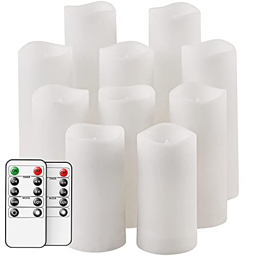 Flameless CandlesSalipt LED Flickering Candles Set of 10 (H 4 5 6 7 xD 22) Waterproof Flameless Candles Resin Plastic Indoor Outdoor UseWhite
